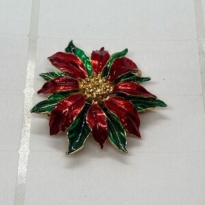 EUC Vintage Festive Red and Green Poinsettia Brooch
